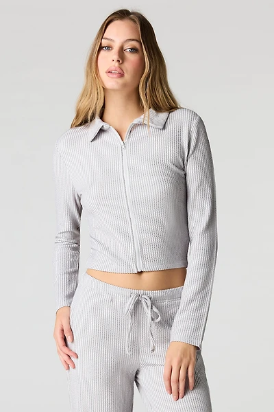 Ribbed Knit Long Sleeve Zip-Up Top