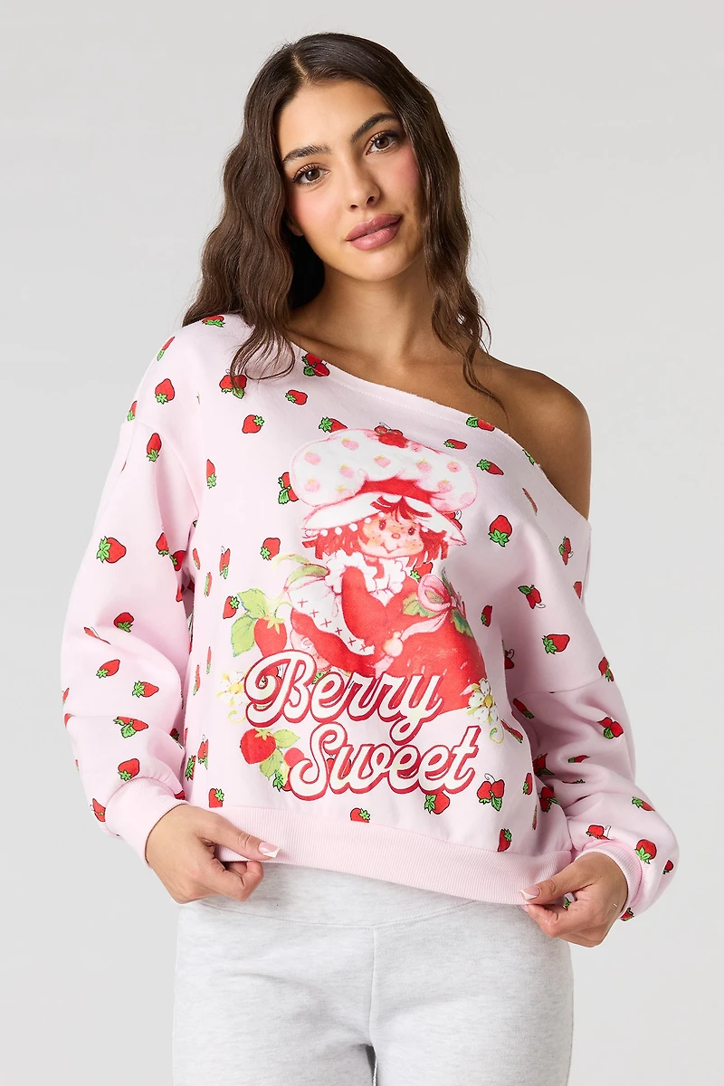 Strawberry Shortcake Print Off Shoulder Fleece Sweatshirt