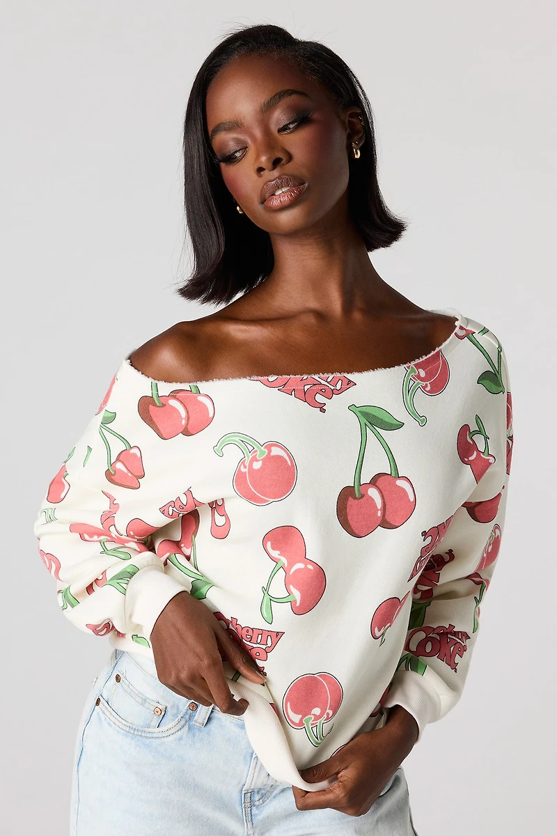 Cherry Coke Print Off Shoulder Fleece Sweatshirt