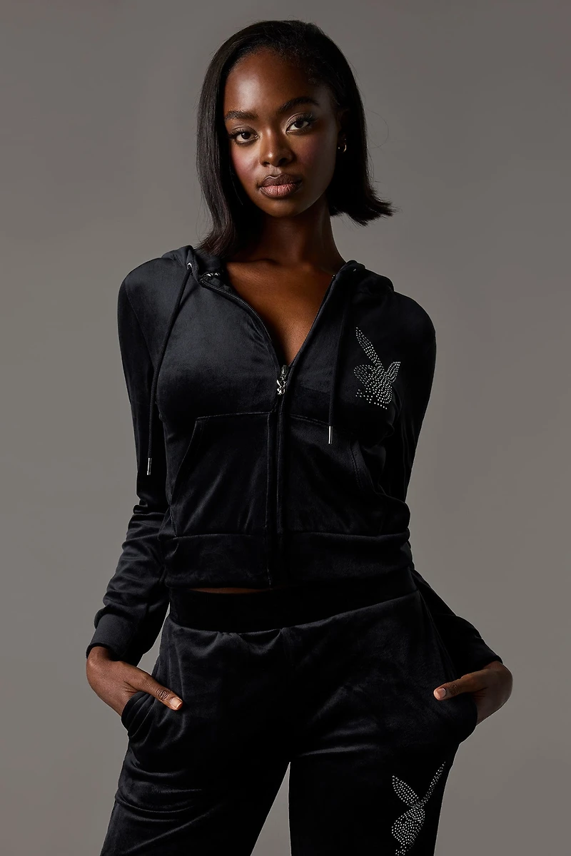 Playboy Rhinestone Velour Zip-Up Hoodie