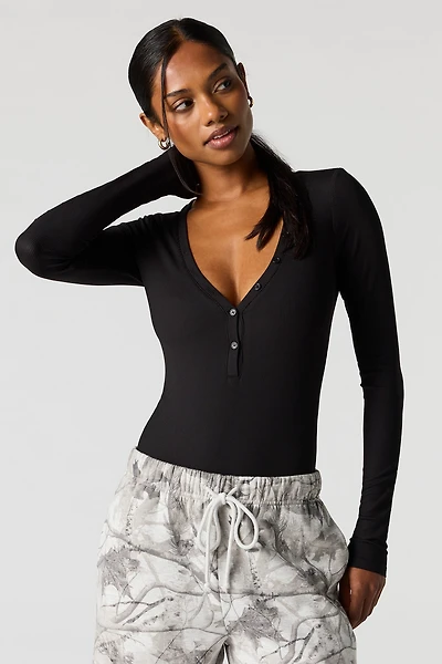 Contour Ribbed Long Sleeve Henley Bodysuit