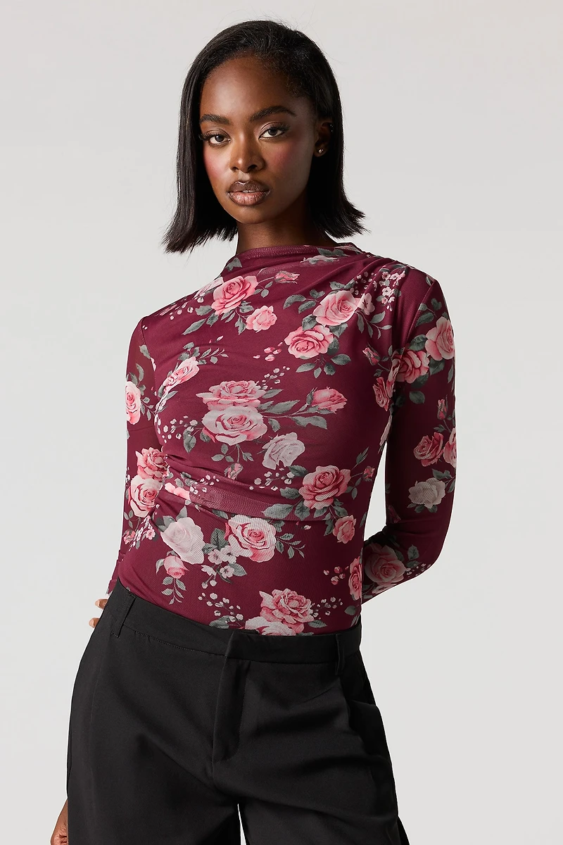 Floral Mesh Long Sleeve Cinched Bodysuit