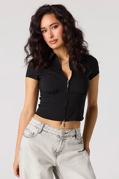 Zip-Up Collared Fitted Top