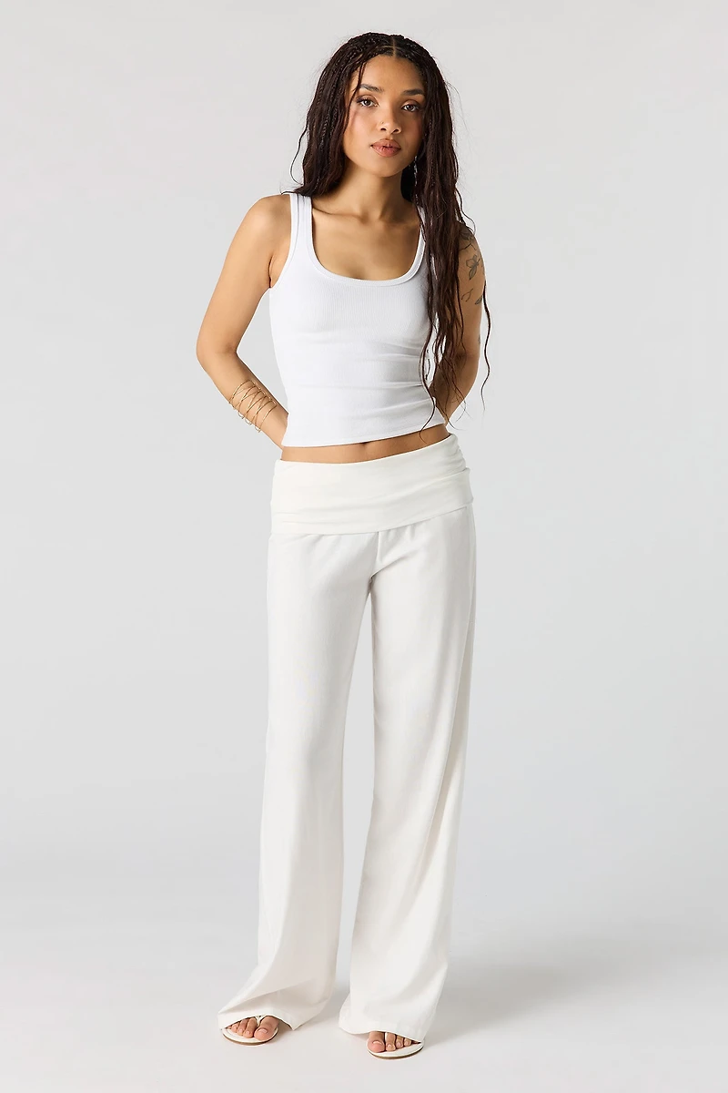 Pantalon à jambe large en mélange de lin avec bande taille pliée