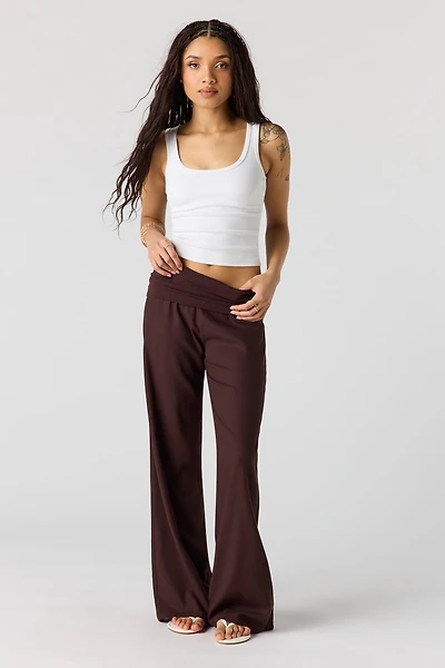 Linen-Blend Foldover Waist Wide Leg Pant
