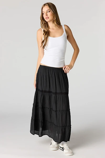 Crochet Detail Tiered Slit Maxi Skirt