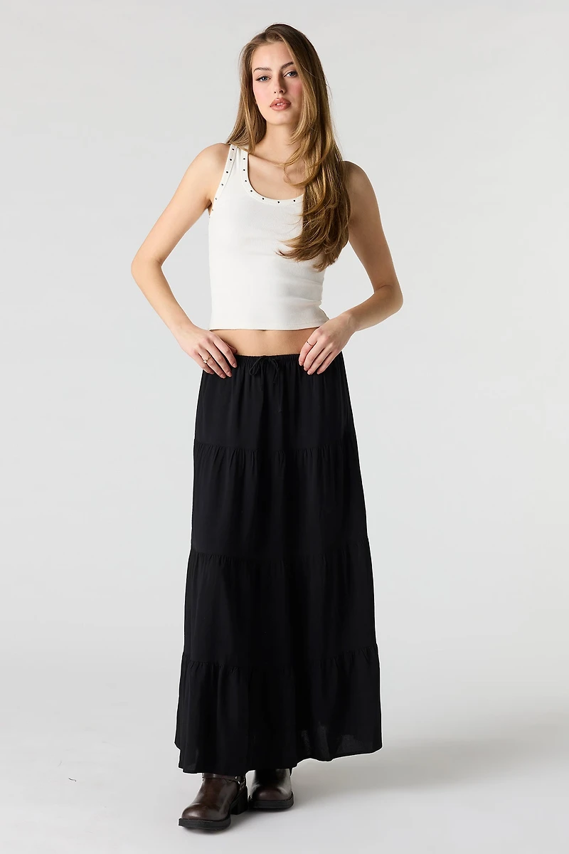 Drawstring Tiered Maxi Skirt