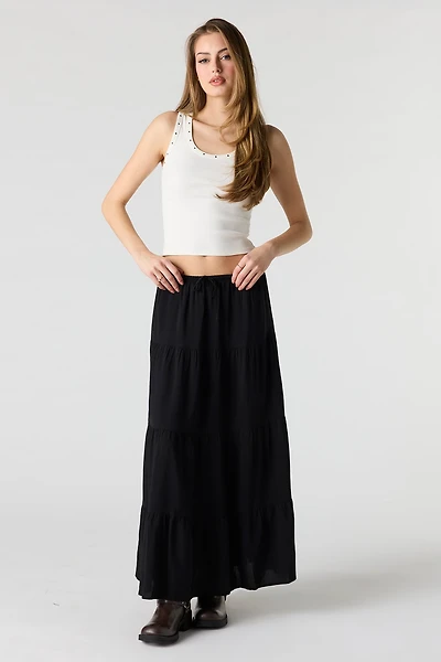 Drawstring Tiered Maxi Skirt