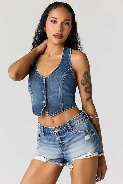 Short Cali en denim vintage déchiré à taille basse