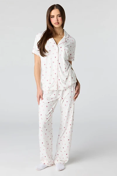 Collared Button-Up Top & Pant Pajama Set
