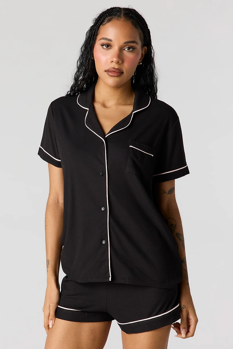 Button-Up Collared Top & Short Pajama Set
