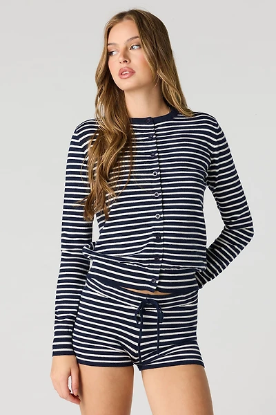 Button-Up Cardigan & Knit Short Set