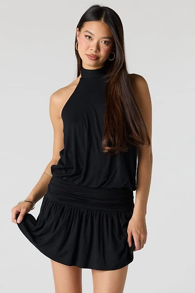 Draped Halter Mini Romper Dress