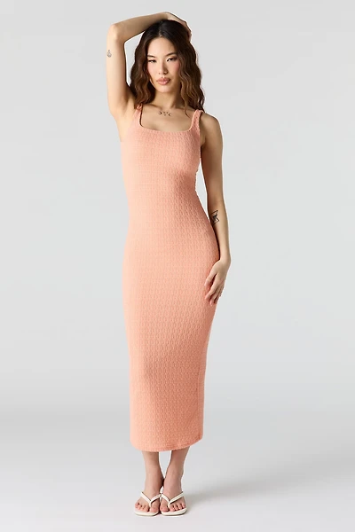 Robe midi moulante texturée à encolure carrée