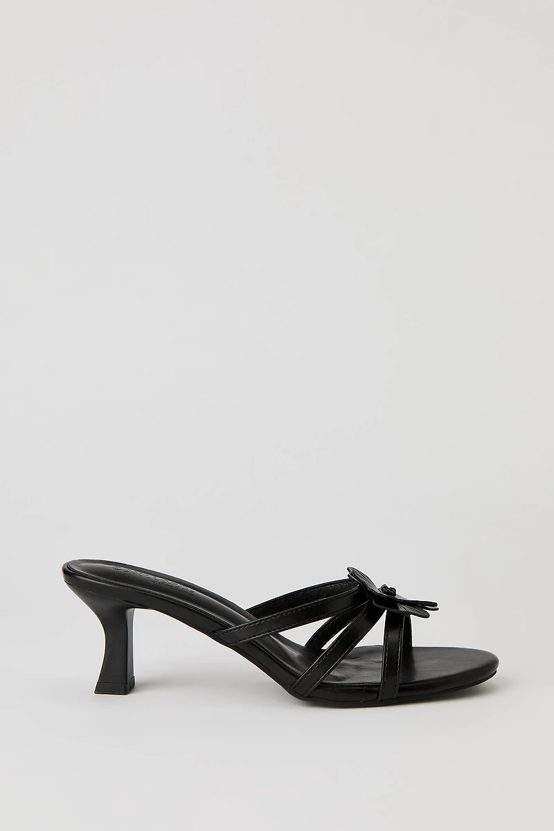 Faux Leather Flower Strappy Kitten Heel