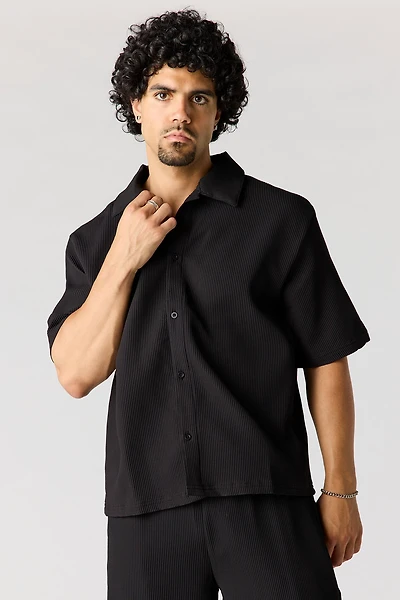 Textured Button-Up Collared Boxy Top
