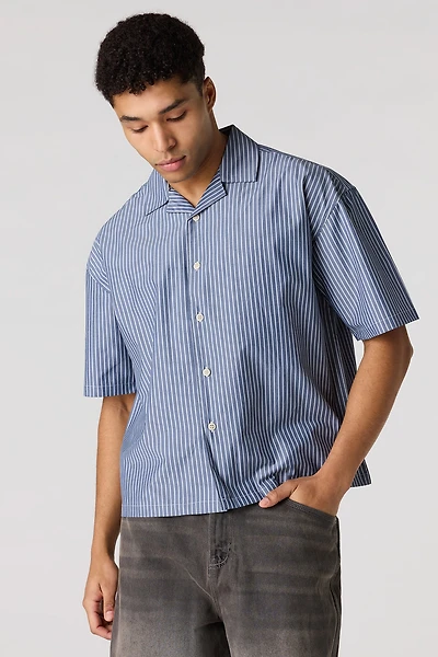 Poplin Striped Button-Up Collared Boxy Top