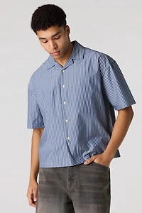 Poplin Striped Button-Up Collared Boxy Top