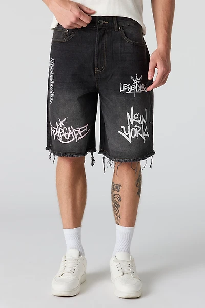 Graffiti Printed Ripped Denim Short