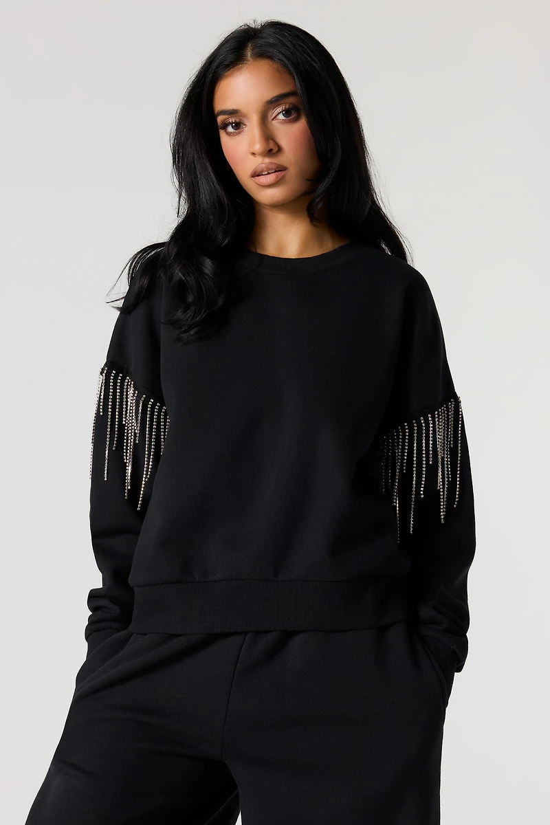 Rhinestone Sleeve Fleece Sweatshirt