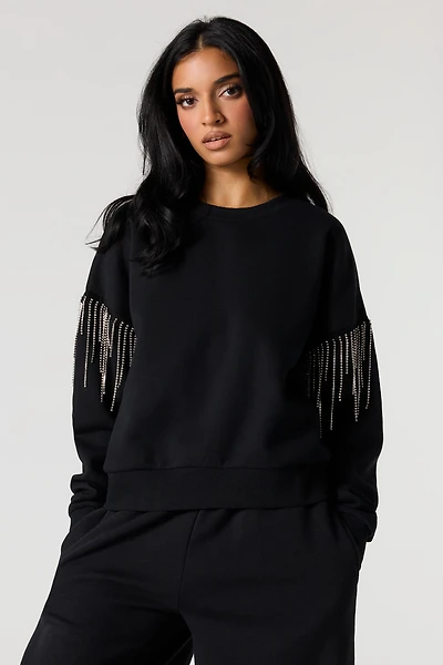 Rhinestone Sleeve Fleece Sweatshirt