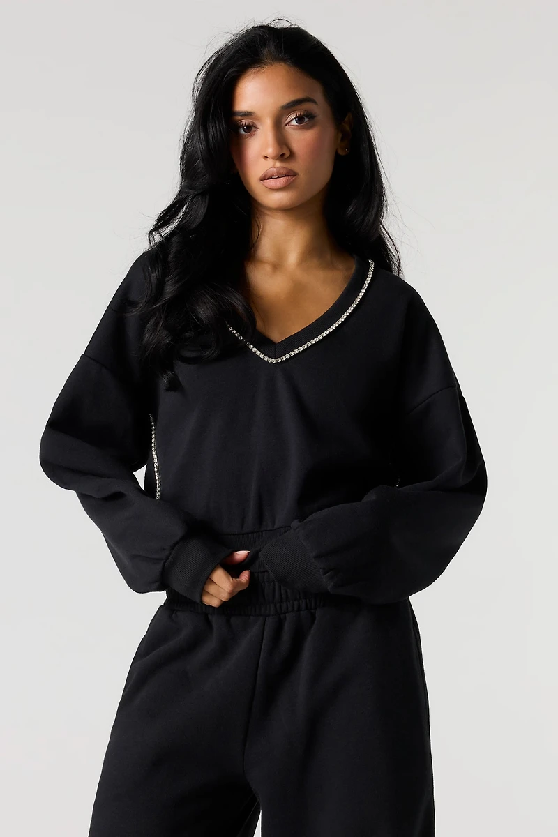Rhinestone V-Neckline Fleece Cropped Sweatshirt