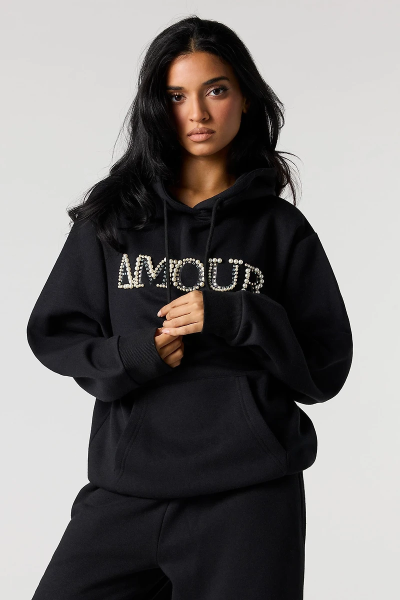 Rhinestone Faux Pearl Fleece Hoodie