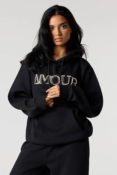 Rhinestone Faux Pearl Fleece Hoodie