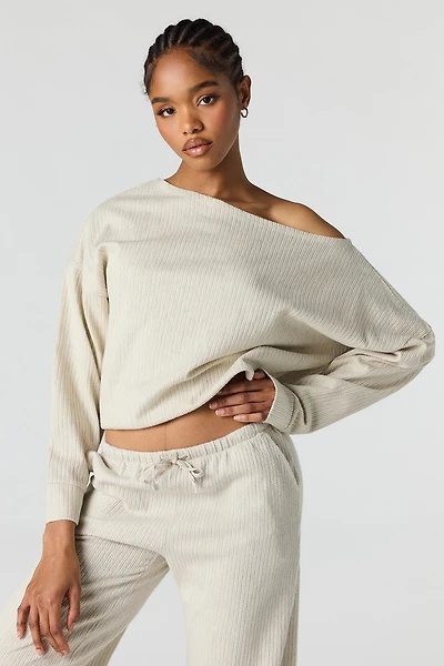 Haut côtelé à manches longues et épaules dénudées