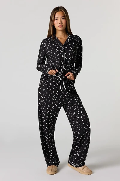 Printed Button-Up Top & Pant Pajama Set
