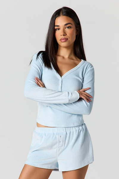 Velour Long Sleeve Top & Short Pajama Set