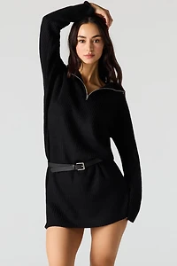 Ribbed Knit Quarter Zip Sweater Dress