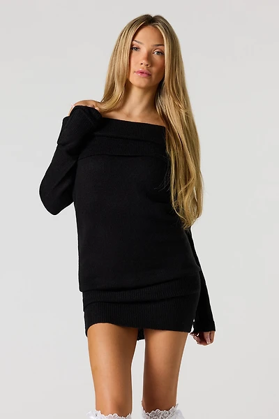 Mossy Knit Off Shoulder Sweater Mini Dress