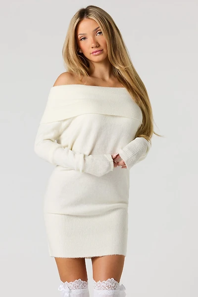Mossy Knit Off Shoulder Sweater Mini Dress