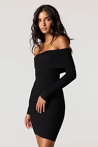 Off Shoulder Ribbed Long Sleeve Mini Dress