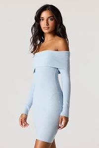 Off Shoulder Ribbed Long Sleeve Mini Dress