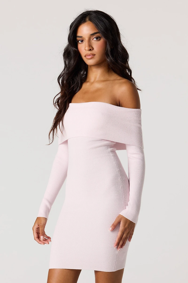 Off Shoulder Ribbed Long Sleeve Mini Dress