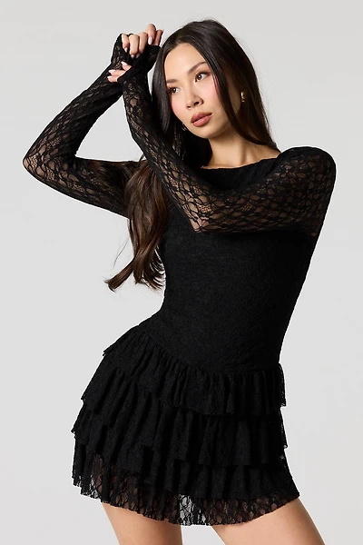 Long Sleeve Lace Ruffled Tiered Mini Dress