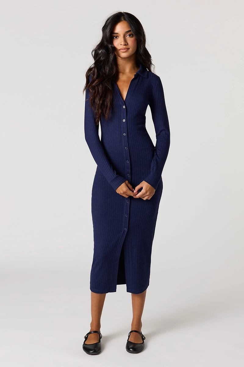 Ribbed Button-Up Collared Midi Dress