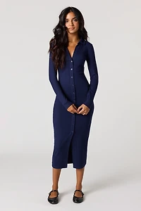 Ribbed Button-Up Collared Midi Dress