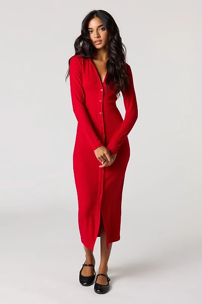 Ribbed Button-Up Collared Midi Dress