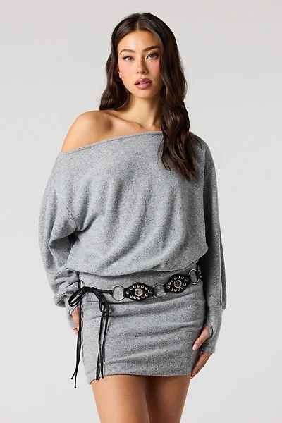 Knit Off Shoulder Long Sleeve Mini Dress