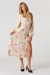 Robe midi fleurie à manches longues