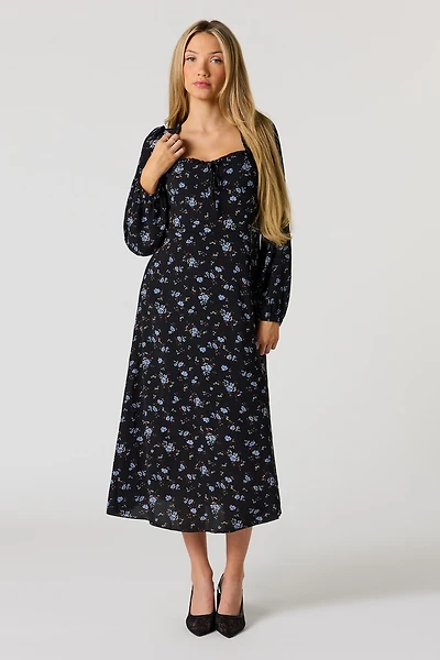 Floral Printed Long Sleeve Midi Dress
