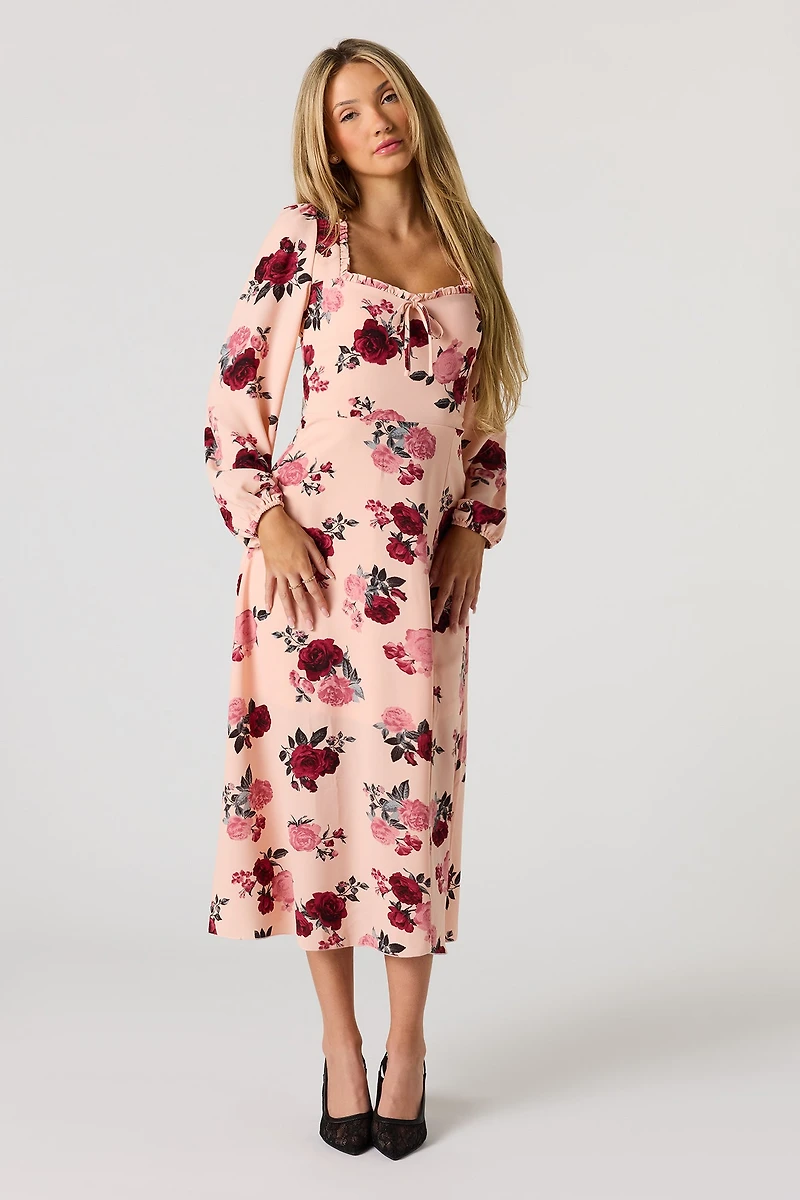 Floral Printed Long Sleeve Midi Dress