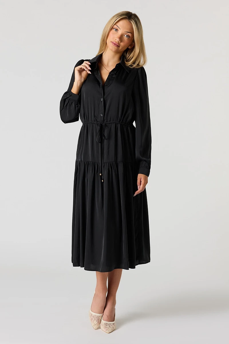 Tiered Button-Up Collared Midi Dress