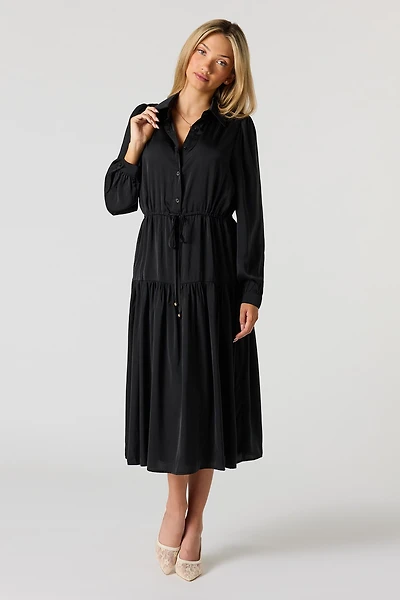 Tiered Button-Up Collared Midi Dress