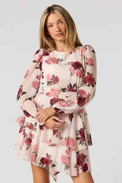 Chiffon Tiered Long Sleeve Mini Dress