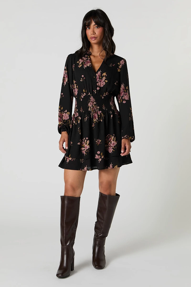 Smocked Waist Long Sleeve Mini Dress