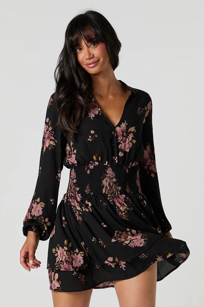 Smocked Waist Long Sleeve Mini Dress